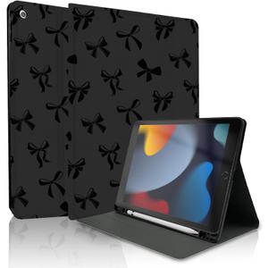 TopPerfekt for iPad 9th / 8th / 7th Generation 10.2 Inch 2021/2020/2019 Case, Black Bow Cute Chic Adorable with Pencil Holder for Kids, Boys, Girls, Anti-Slip, Anti-Shock, Black Bow
