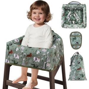 Baby High Chair Cover Restaurant with Strap Pads & 3-Point Harness, Machine Washable, Waterproof Portable Highchair Covers for Eating, Travel, Home Use - Fits Wooden Chairs, Green Dinosaurs