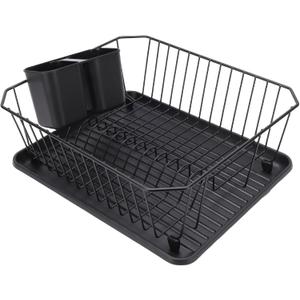 Dish Drying Rack Set, Dish Drainer Rack Iron Dish Strainer with Utensil Holder for Kitchen Counter Sink Spoons and Forks 12.2x14.17x5.12in (Black)