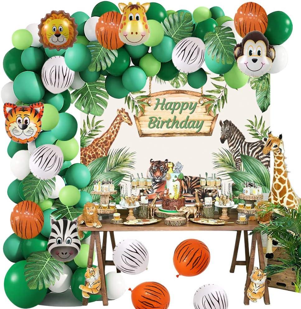 Yancan Safari Birthday Decorations for Boy Jungle Theme Party Supplies Green Balloon Garland Arch Kit with Happy Birthday Backdrop Animal Balloons Palm Leaves