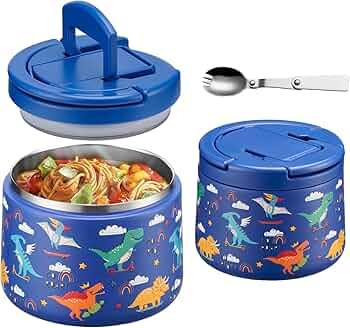 14oz Insulated Vacuum Food Jar with Buckle Lid, Soup Thermo for Hot Food Kids, Wide Mouth Leakproof Stainless Steel Lunch Container with Spoon-Dinosaur