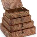 Didaey Set of 4, Seagrass Basket with Lid Wicker Storage Basket Decorative Storage Boxes with Lids Flat Storage Bins Woven Organizer Baskets for Shelf Closet Bedroom, 4 Sizes (Dark Brown)
