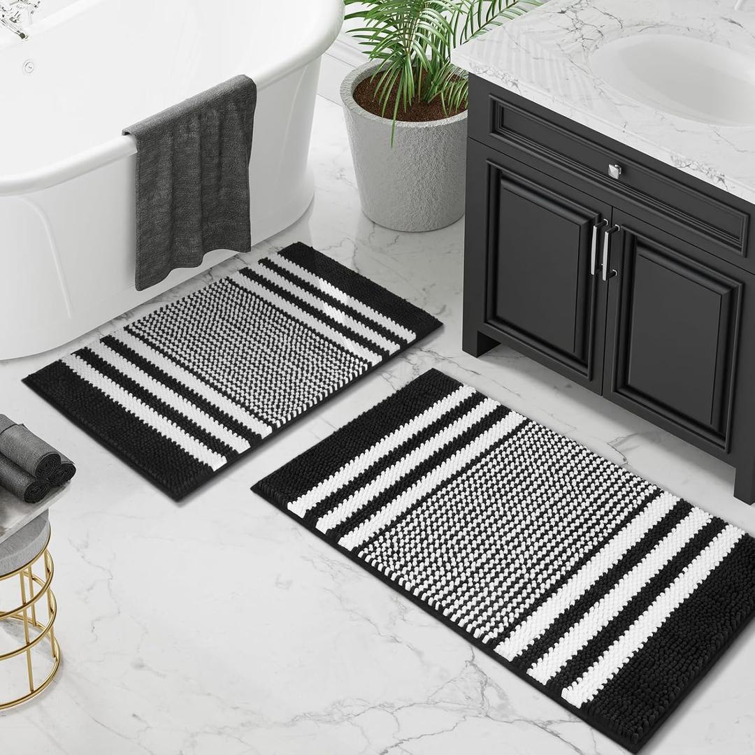 Tindbea Bathroom Rugs Set 2 Piece, Extra Soft and Absorbent Fluffy Striped Chenille Bath Mat Rug Set, Non Slip Bathroom Floor Mat, Machine Washable (20" x 32" Plus 16" x 24", Black)