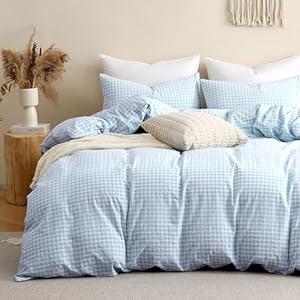 TOCOMOA Sky Blue Gingham Duvet Cover Bedding Set 100% Washed Cotton Like Linen Feel Super Soft Comfy 3 Piece Vintage Plaid Checkered Comforter Cover Set (Queen 90"x90", Comforter Not Included)