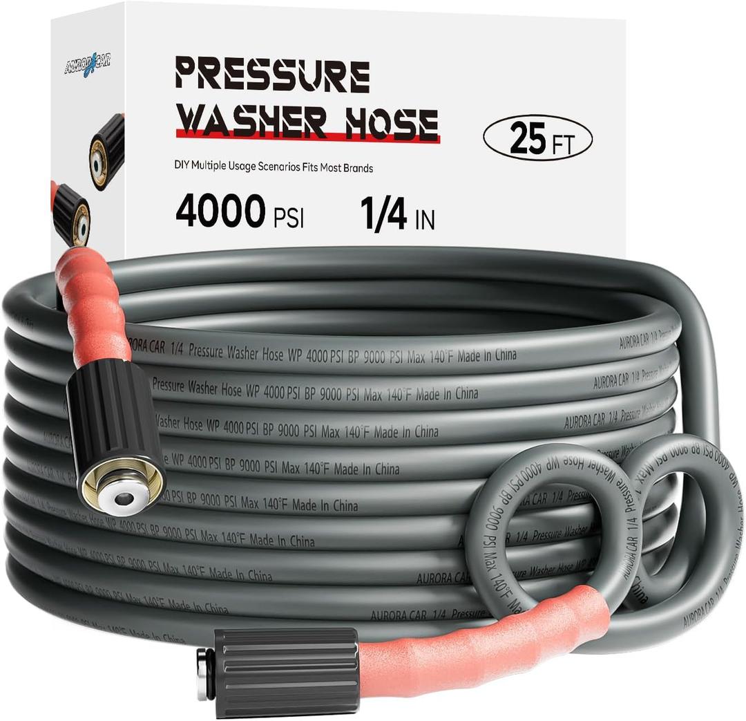 Pressure Washer Hose 25FT 1/4", Kink Resistant Power Washer Hose Compatible with M22 Fittings, Replacement For Most Brand Pressure Washers, 4000 PSI, Grey