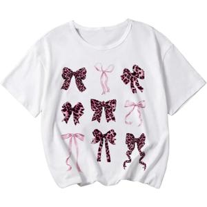 Girl's Bow Graphic Tees Crew Neck Short Sleeve Summer T Shirts Preppy Cute Clothes for Girls (White)