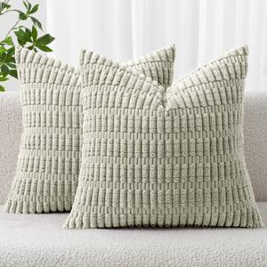 MIULEE Pack of 2 Corduroy Decorative Throw Pillow Covers 20x20 Inch Soft Boho Striped Pillow Covers Modern Farmhouse Home Decor for Summer Sofa Living Room Couch Bed Light Green