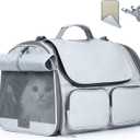 FUKUMARU Cat Carrier, Soft-Sided Small Dog Carrier, Large Cat Travel Bag with 4 Mesh Windows, Under 15 lb Airline Approved Pet Carrier with 4 Storage Pockets, Rollable Cover for Nervous Cats, Grey