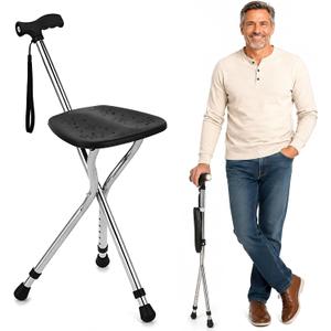 Hold 330 lbs Folding Canes with Seat Walking Stick - Portable Sturdy Non Slip Canes for Women and Men - Lightweight Adjustable Walkers for Seniors with Seat, LED Light - Elderly Folding Outdoor Chairs