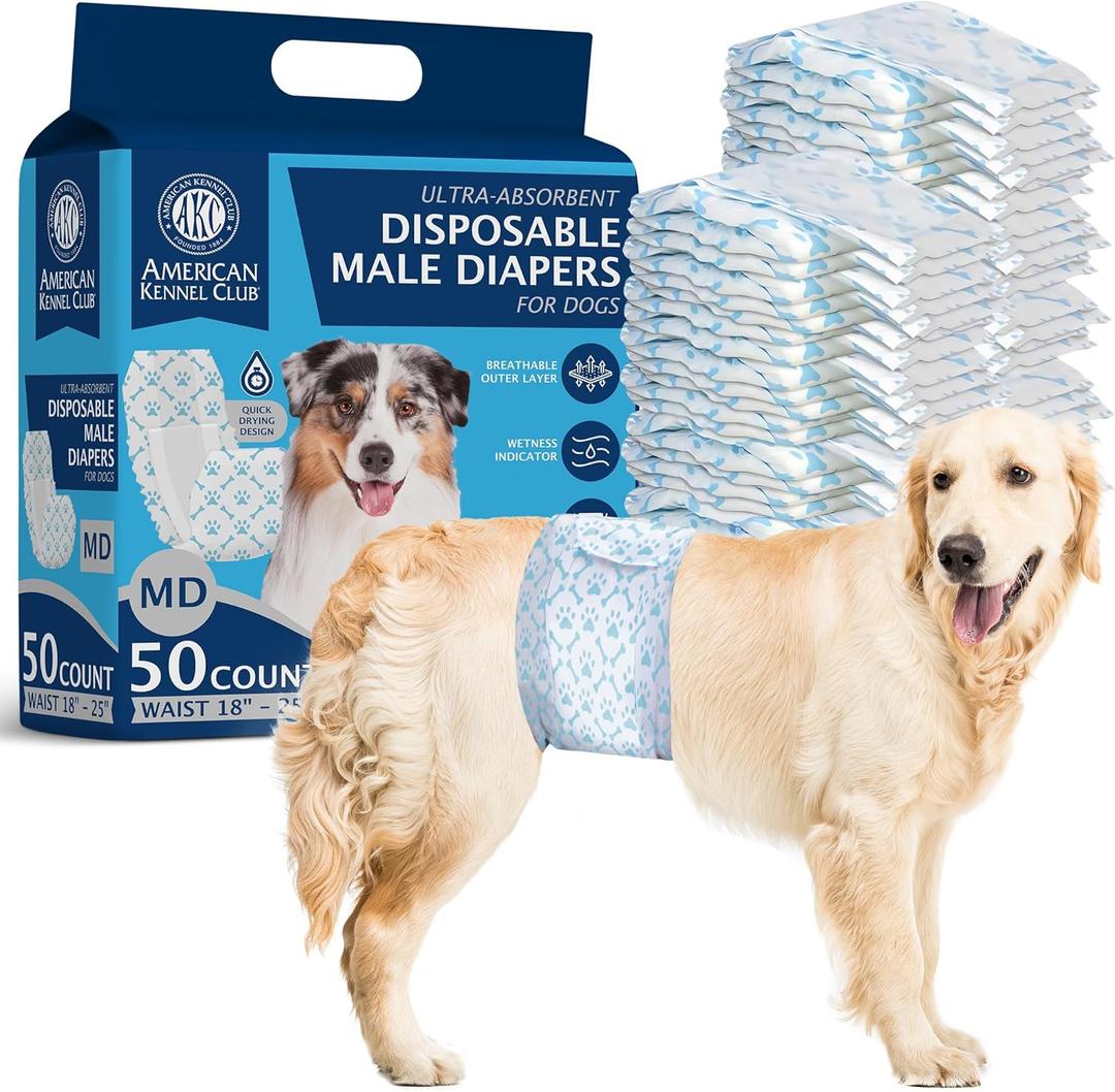 American Kennel Club Male Dog Wrap, Disposable Diapers with Wetness Indicator, Medium, 50 Count (MD Waist Size 18 - 25 in)