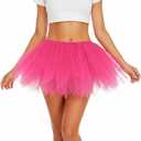 Tulle Tutu Skirt Shredded for Women Teens Short Layered Ballet Petticoat Elastic Waist Halloween Costume 80s Party Cosplay (Pink)