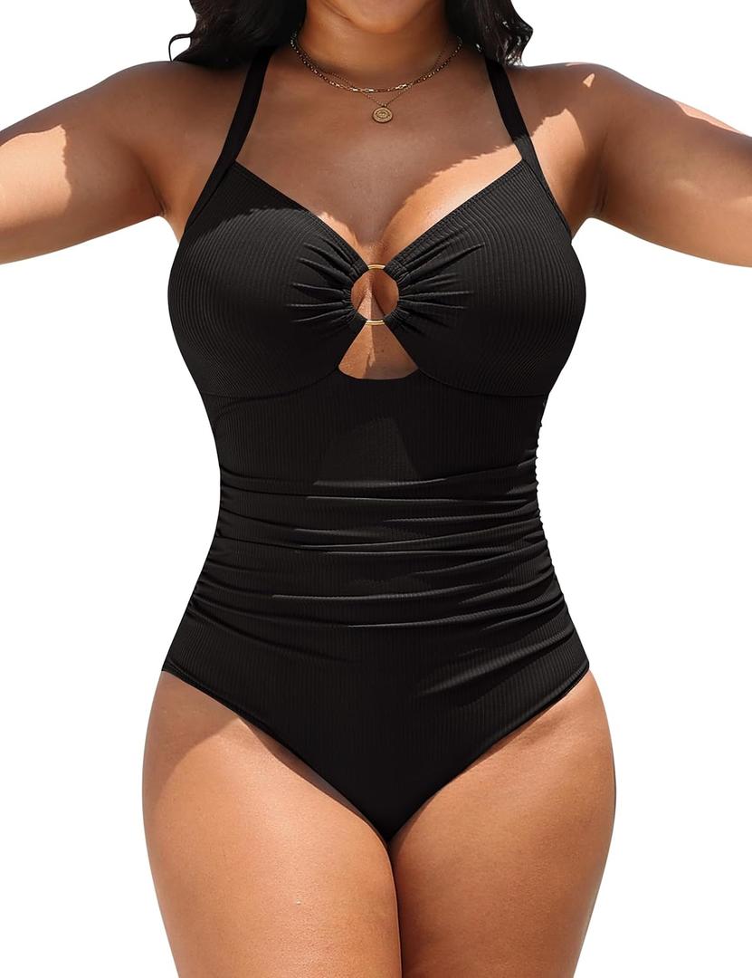 Blooming Jelly Womens One Piece Swimsuit Slimming Tummy Control Bathing Suit Shapewear Full Coverage Swim Suits (X-Large, Black)