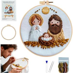 QZAVIRE Nativity Scene Embroidery kit, Christmas Cross Stitch Kit with Wooden Hoop All-Inclusive Supplies Easy Embroidery Starter for Beginners Adults Holiday Home Decor DIY Hand Gift