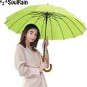 SoulRain 16 Ribs 48" Stick Umbrella Auto Open Solid Color Fashionable and Simple，Arc Classic Wood Handle，Windproof Unbreakable Stick Rain Umbrella