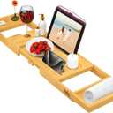 Foldable Bathtub Tray Expandable to 109cm with Bath Bomb and Scented Candle, Adjustable, Waterproof Bamboo Bathtub Caddy with Anti Slip Grip Pads for Home Spa