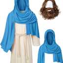Kids Jesus Saint Religious Biblical Robe Fancy Dress Costume Wig Moustache Scarf Shawl Waist Rope set (4-5 Years)