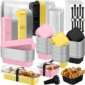 LemonRoad 120 Sets Mini Loaf Pan with Lids and Spoons 6.8oz Rectangular Aluminum Foil Bread Pan 5oz Square Cake Cup with Decal Disposable Baking Supply for Graduate Wedding Birthday (Pink,Gold,Black)