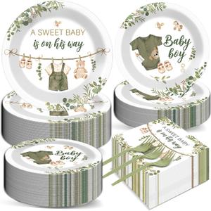 200Pcs Greenery Baby Shower Plates and Napkins Decoration Sage Green Party Tableware Dinnerware Set A Sweet Baby Is On His Way Paper Plates for Baby Gender Reveal Party Supplies Serves 50