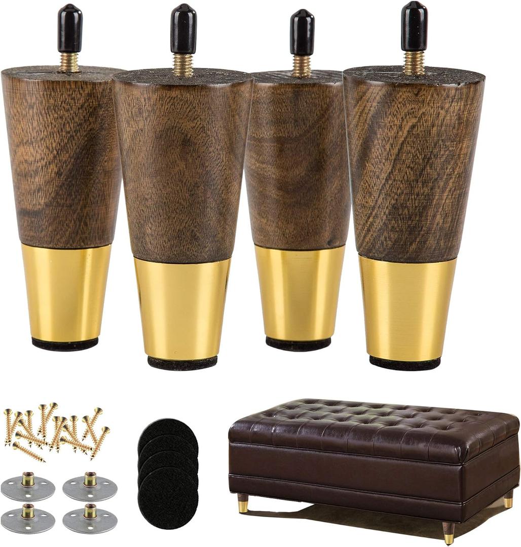 Wood Furniture Leg Sofa Legs 4 Inch Brown Round Tapered Mid-Century Modern Feet with Brass Base Replacement Legs for Cabinets,Coffee Table,Ottoman,TV Stand,Loveseat,Armchair Set of 4