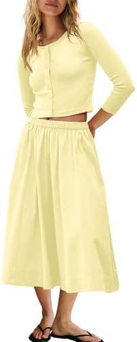 Panadila Womens 2 Piece Lounge Sets Matching Vacation Outfits Ribbed Button Down Cardigan and Elastic Waist Skirt Sets, M