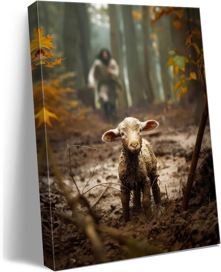 Ploceiny christian gifts for women-men,Religious canvas home decor for prayer room christmas decorations Jesus Running After Lost Lamb Picture Jesus and lamb poster wall decor A-392 (16"X24")