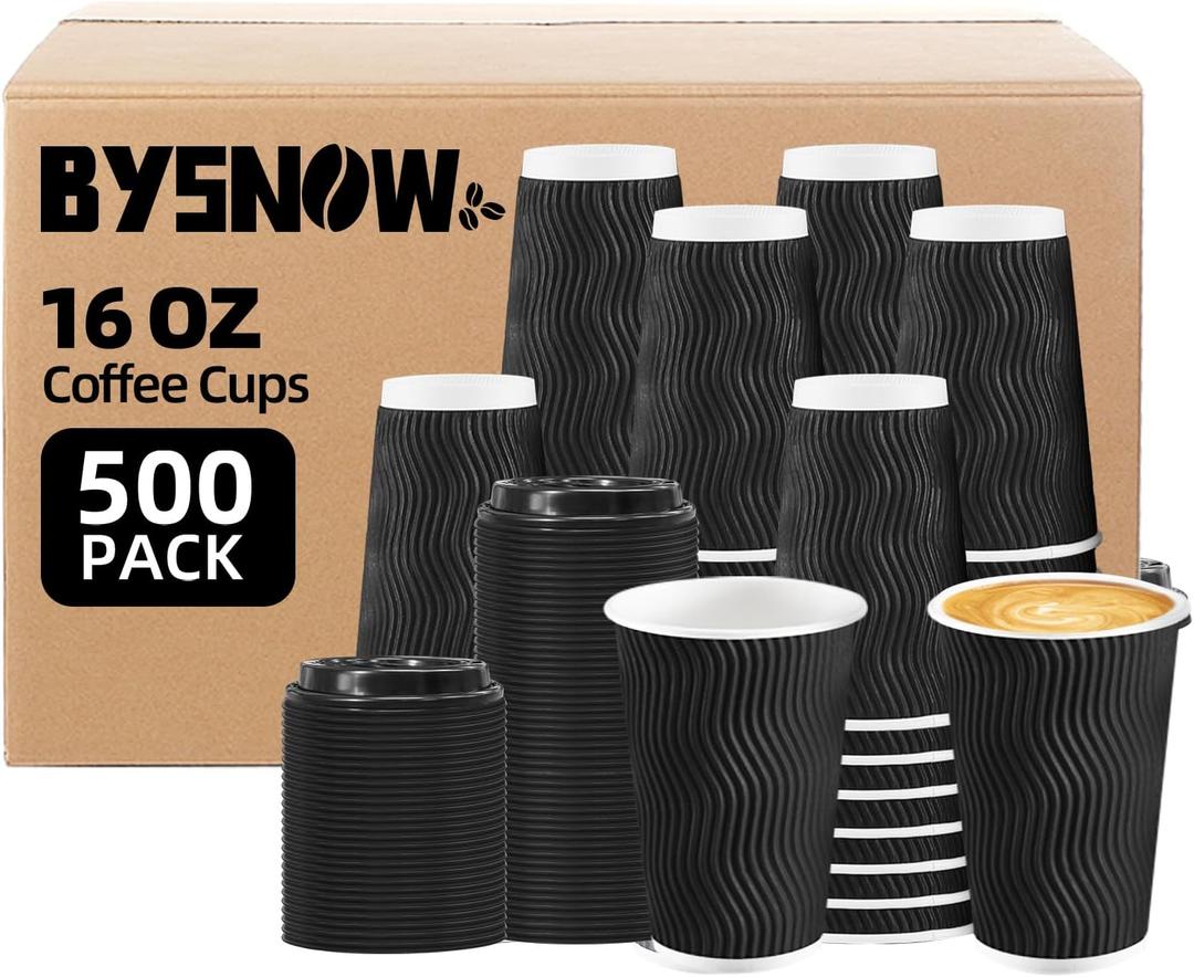 BYSNOW 500 Pack 16 oz Coffee Cups with Lids, Disposable Insulated Hot Cups To Go Paper Coffee Cups, Corrugated Ripple Wall Cup for Hot Drink, Office, Coffee Bar (Black 16 oz)