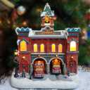 MOMENTS IN TIME Vintage Fire Department Christmas Village 12.2 LED Lights, Music & Moving Fire Trucks, Polyresin Lighted Holiday Building, Adapter Operated Holiday Decoration