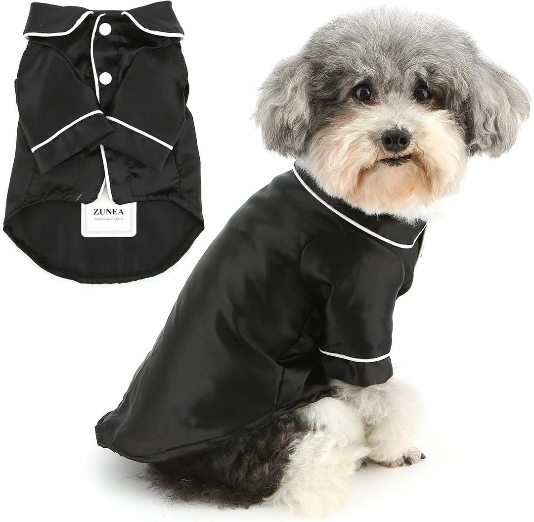 Zunea Small Dog Pajamas Shirts for XS/S Size Dogs Soft Faux Silk Lapel Puppy Sleepwear Clothes Two-Legged Indoor Pjs Shirt Outfits Chihuahua Yorkie Pet Holiday Party Apparel Black S