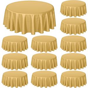 Buryeah 12 Pcs 84 Inch Gold Round Plastic Disposable Table Cloth Waterproof Tablecloth Circle Table Covers for Bridal Wedding Birthday Party Gender Reveal Baby Shower