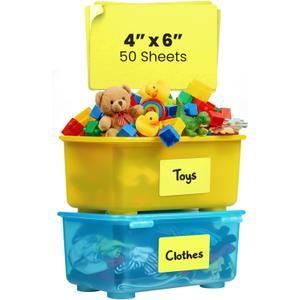 MESS Large Bin Labels for Storage (50 6x4) - Pantry, Organizing, Craft, Shelf, Tote, Moving Labels - Removable for Boxes and Bins (Yellow)