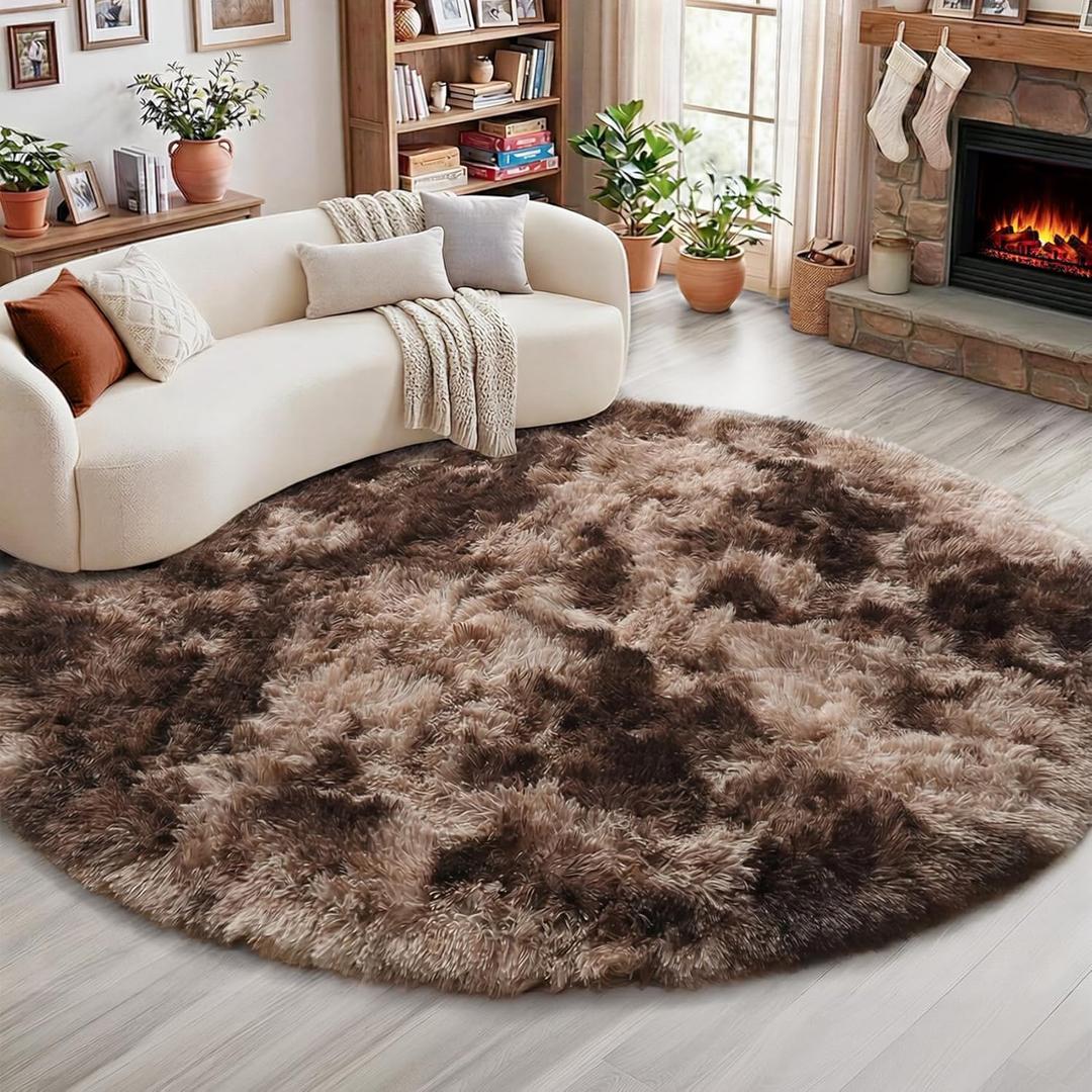 Amdrebio Tie-Dyed Brown Round Circle Rugs 4Ft for Bedroom, Fluffy Shag Plush Area Rugs for Kids Room, Living Room Decor Aesthetic, Fuzzy Fur Throw Floor Carpet for Playroom Preppy Dorm Baby Nursery