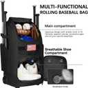 Rolling Baseball Bag with Wheels, 60L Capacity Wheeled Softball bag with Shoe Compartment for Youth & Adult, Bat bag with Hidden Straps,Fence Hook,Holds 4 Bat, Helmet, Glove