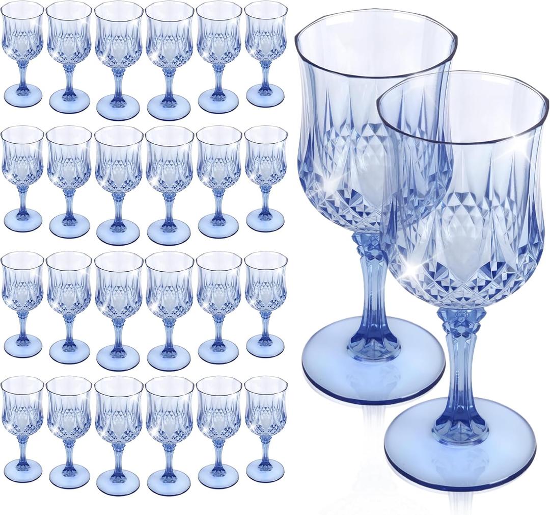 24 PCS Plastic Glasses,Reusable Plastic Drinking Glasses,Vintage Style Glasses Drinking Set for Wedding,Grand Event Party Supplies (Blue)