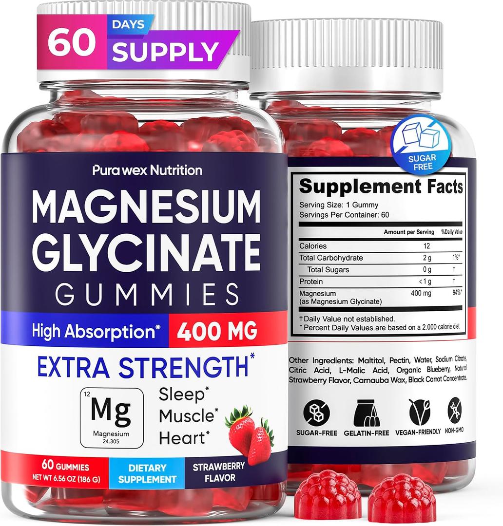 Magnesium Glycinate Gummies 400mg Extra Strength, Strawberry Flavor (60 Count) - Sugar-Free Supplement for Adults, Kids, Women & Men, Muscle & Relaxation, High Absorption Vegan Chewable, BBD 04/2028