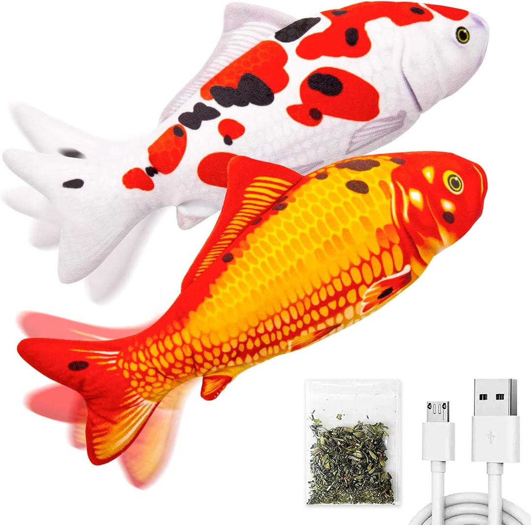 TOOGE 2 Pack 9" Floppy Fish Cat Toys with SilverVine and Catnip for Indoor Cats for Small Dogs Interactive Automatic Flopping Fish Cat Kicker Toys for Cats Puppy Small Dog (Koi + Red Koi)
