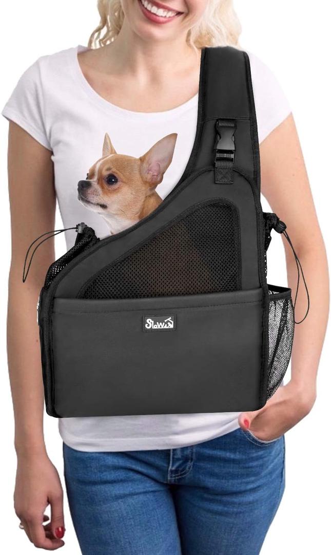 SlowTon Pet Dog Sling Carrier, Hands Free Hard Bottom Papoose Small Animal Puppy Up to 6 lbs Travel Bag Tote Breathable Mesh Support Adjustable Padded Strap Pocket Safety Belt Machine Washable (Black)
