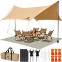 Camping Tarp with Poles & Retainer, 14.5x11FT PU9000mm Waterproof 210D Oxford Cloth Camping Awning, UV Blocking Rate 99.99% Camping Canopy Tent Tarp for Outdoor, Hammock, Car, Picnic (Khaki), 14.511FT