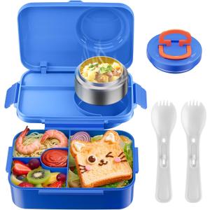 DaCool Upgraded Kids Lunch Box with Thermo for Hot Food 1400ml Child Bento Box for Kids with 5oz Small Thermo for Boys Girls with Fork Spoon Leakproof for Dining Out School Work Picnic, Blue