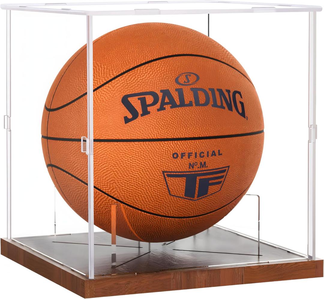 Fitense Basketball Display Case Acrylic Clear, UV Protected Basketball Stand Box Full Size with Solid Wood Base, Soccer Display for Autographed Standard NBA WNBA Ball Memorabilia Keepsake, Ideal Gift