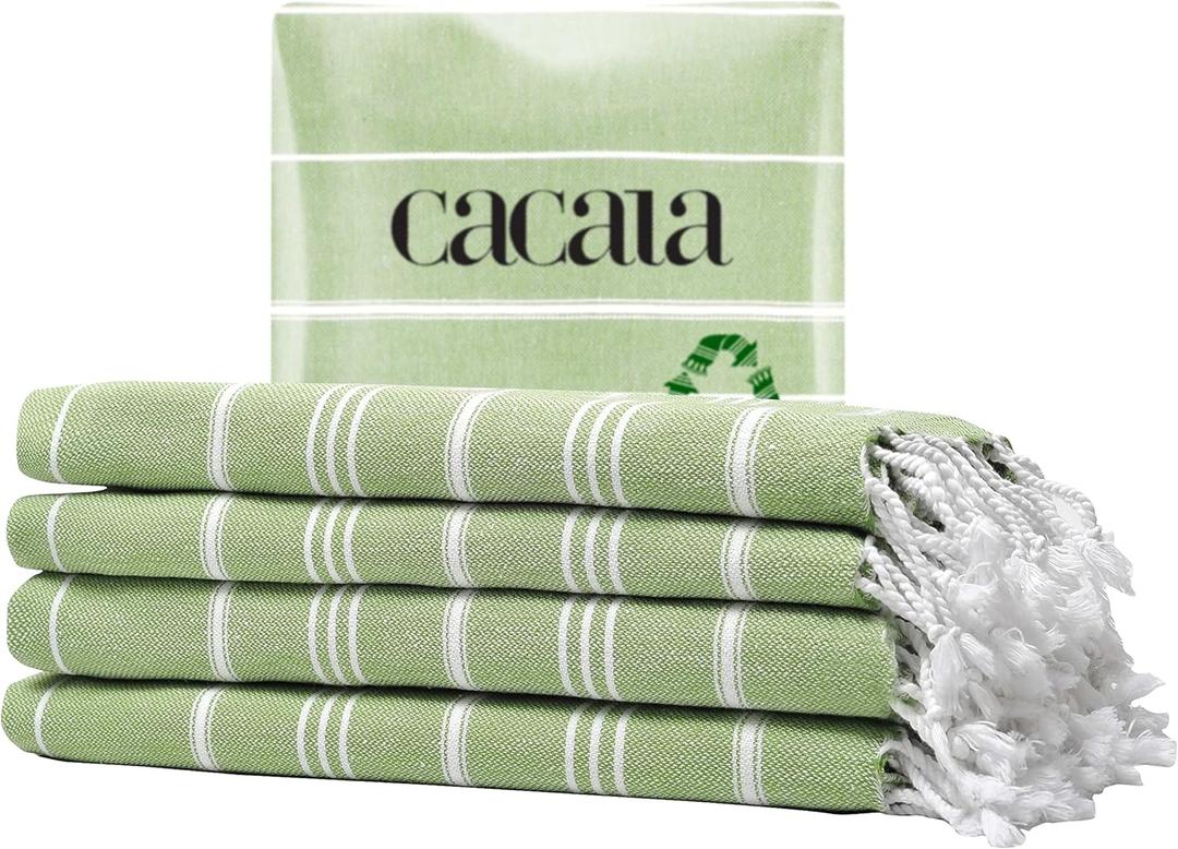 Cacala Turkish Hand Towels with Hanging Loop (23 x 36) Set of 4-100% Cotton Kitchen Towel Quick Dry Prewashed for Soft Feel Decorative Towels for Gym, Yoga, Bath and Kitchen - Olive Green (4 Piece Hand Towel Set)