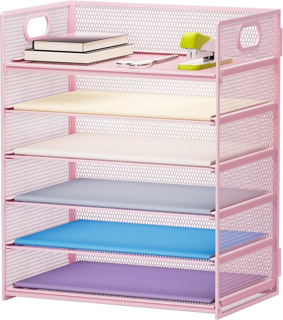 Marbrasse 6 Tier Paper Organizer Letter Tray - Mesh Desk File Organizer with Handle, Paper Sorter Organizer for Letter/A4 Office File Folder Holder - Pink (6 Tier - Pink)