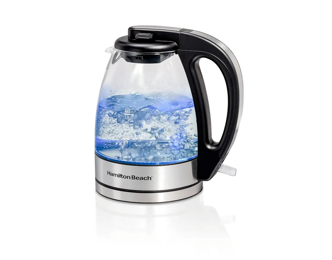 Hamilton Beach Glass Electric Tea Kettle, Water Boiler & Heater, 1 Liter, 1500 Watts for Fast Boiling, BPA Free, Cordless Serving, Auto-Shutoff & Boil-Dry Protection, Soft Blue LED (40930)