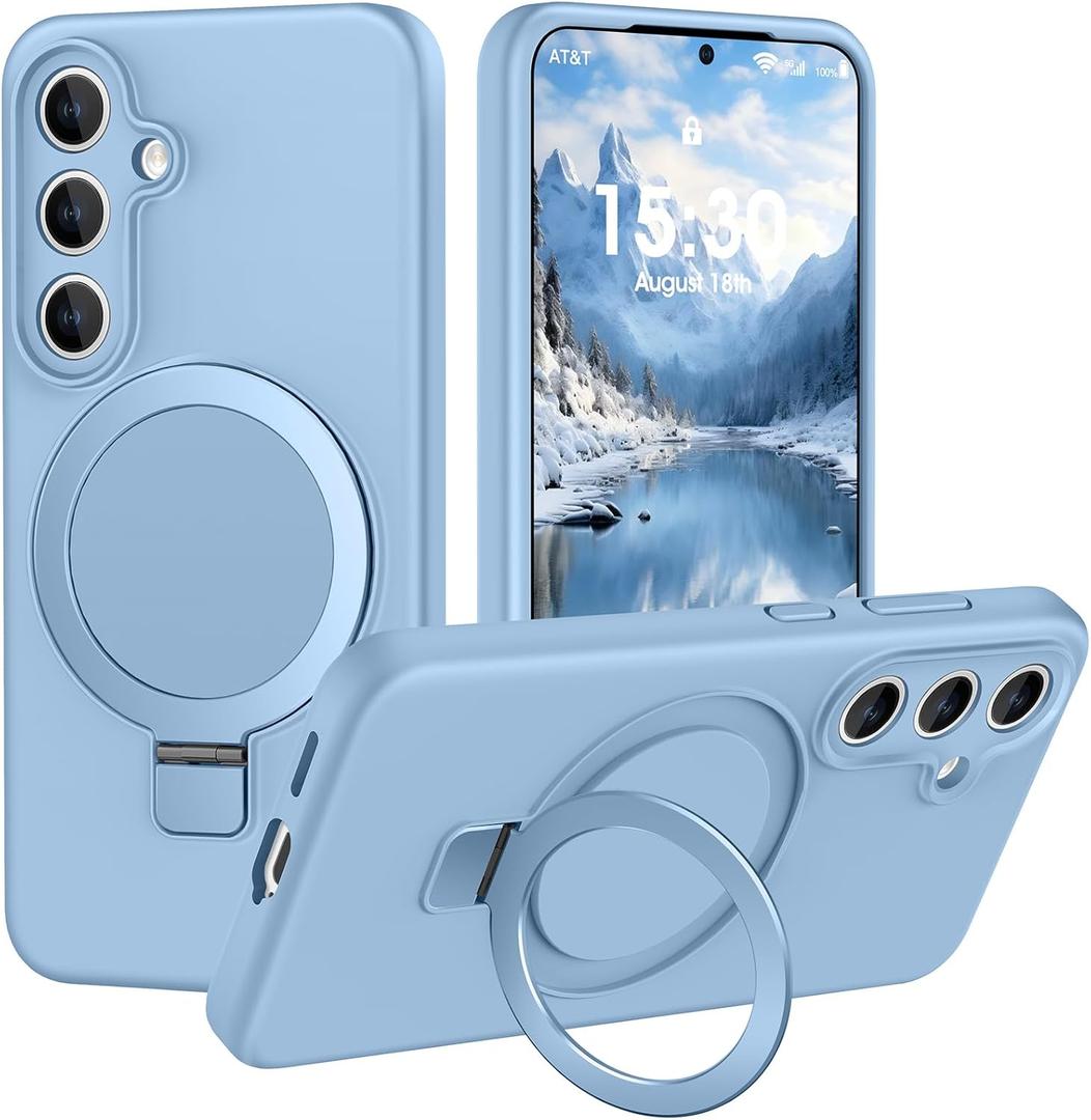 Liquid Silicone Case for Samsung Galaxy S24 with Magnetic Stand, Mil-Grade Drop Shockproof, Full Camera Protection Anti-Scratch Microfiber Lining Silicone Phone case, Light Blue