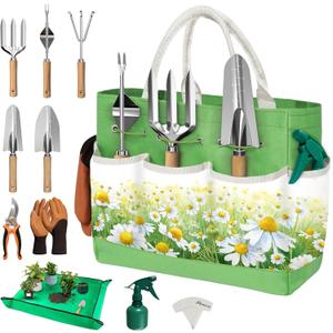 22Pcs Garden Tools Set for Women,Heavy Duty Hand Tool Kit with Large Tote Bag/Repotting Mat/Trowel/Rake/Pruner/Gloves/Plant Tags,Gardening Gifts for Mom Gardener Beginner-Green