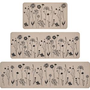 Rempry 3 PCS Kitchen Rugs Set, Flowers Non Slip Kitchen Mats for Floor, Waterproof Kitchen Rug for Laundry Room, Kithcen, 17"x47"+17"x30"+17"x59"