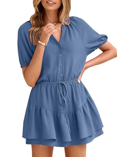 Simplee Womens Cute Summer Rompers - Casual V Neck Short Sleeve Ruffle Boho Romper Dresses Beach Outfits Blue Medium
