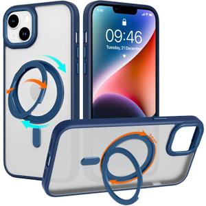 ZIYE Magnetic Case for iPhone 14 Case with Stand [Compatible with MagSafe] Slim Shockproof Military Grade Heavy Duty Cover with 360 Rotatable Ring Kickstand for Women Men, Translucent Blue