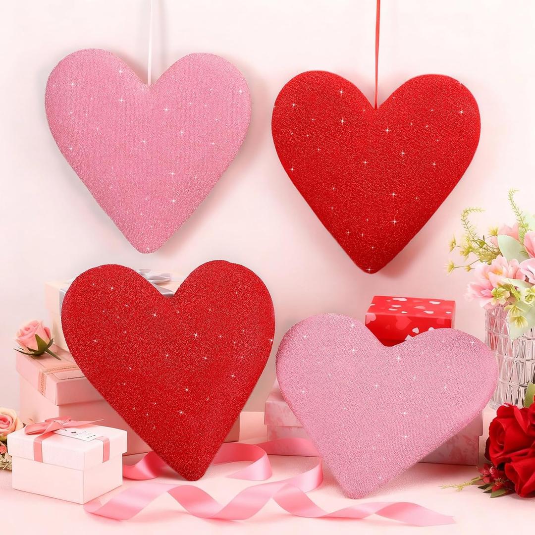 4 Pcs 10 Inch Valentine's Day Large Heart Ornaments for Tree Glitter Heart Wreath 3D Foam Wreath for Front Door Outdoor Decor for Trees Front Door Stairs Mantel Wall Window(Red,Pink)