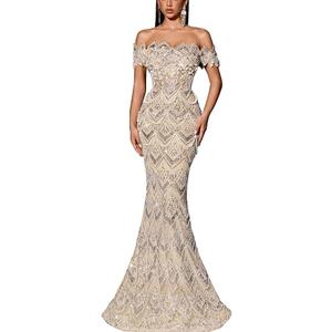 Women Off Shoulder Sequin Mermaid Evening Dress Lace Up Back Formal Gown Beaded Bodycon Prom Dress Party Wedding Guest, Large