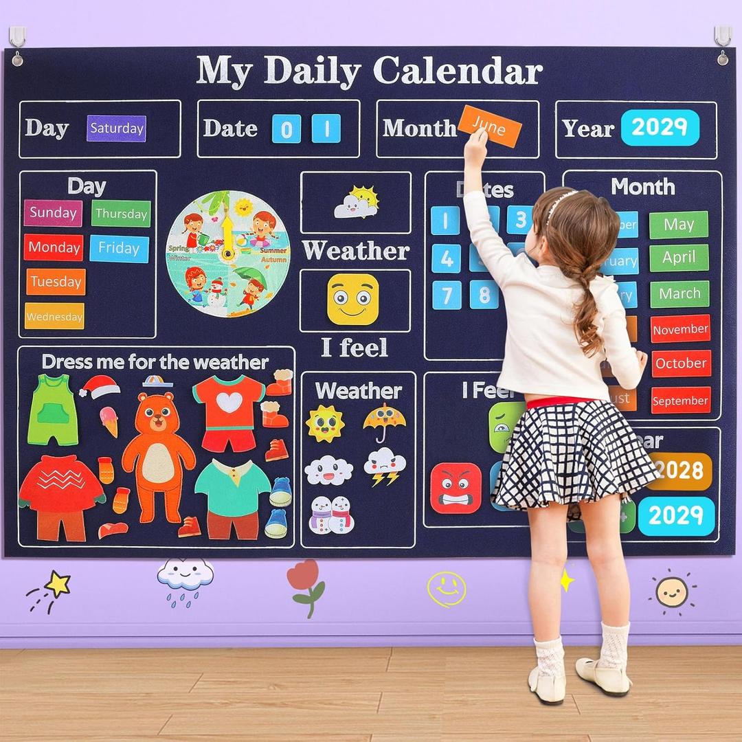 My First Daily Calendar-Preschool Classroom Must Haves, Circle Time Learning Center, Days of the Week Chart for Toddlers Learning, Classroom Calendar for Kids, 3.3Ft Felt Board for Toddlers